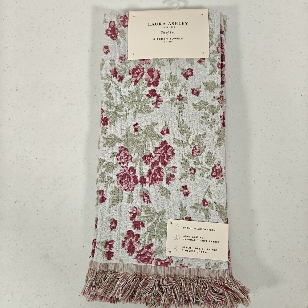 Laura Ashley Ellerby Scarf Kitchen Towels Set of 2 Cotton Gauze Floral Fringe